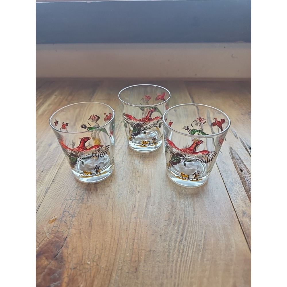 Vintage Pheasant Hunting Shot Glasses Set‎ of 3 Hunter and Dog Bird Scene Clear